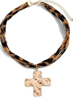 New Boho Necklace Leopard Print Chunky Golden Cross Pendant Religious Jewelry